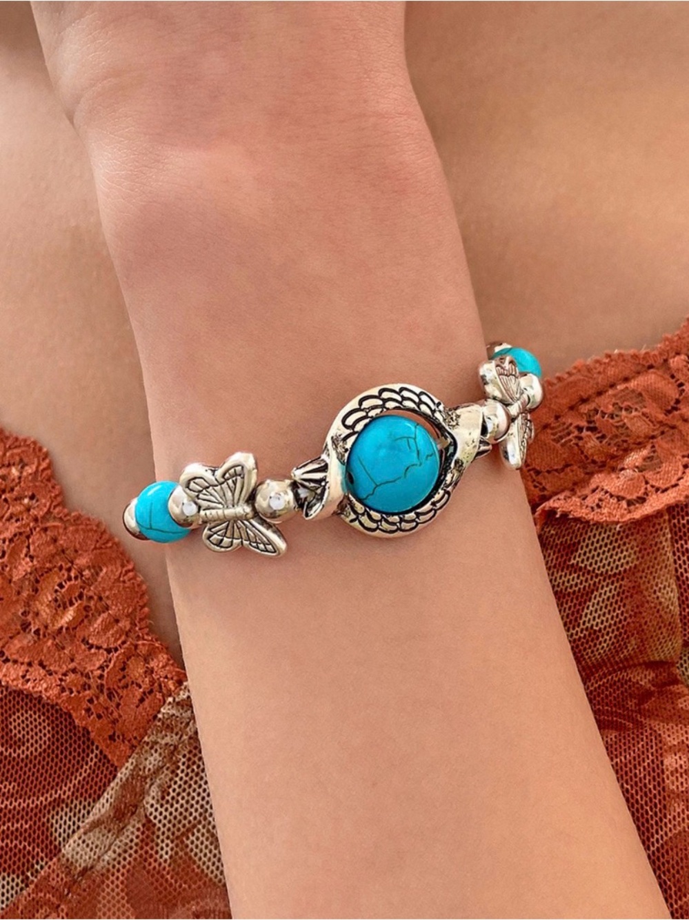 Turquoise Stone Silver Butterfly Women's Bracelet
